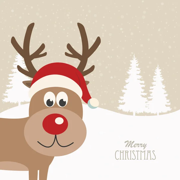 Reindeer santa hat snowy background — Stock Vector