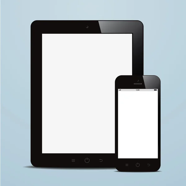Tablette et smartphone avec écran blanc fond bleu — Image vectorielle