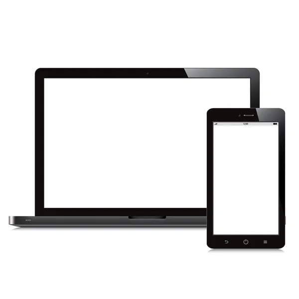 Computer portatile e tablet schermo bianco sfondo bianco — Vettoriale Stock