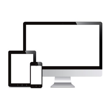 Masaüstü, akıllı telefon, tablet izole mockup beyaz arka plan