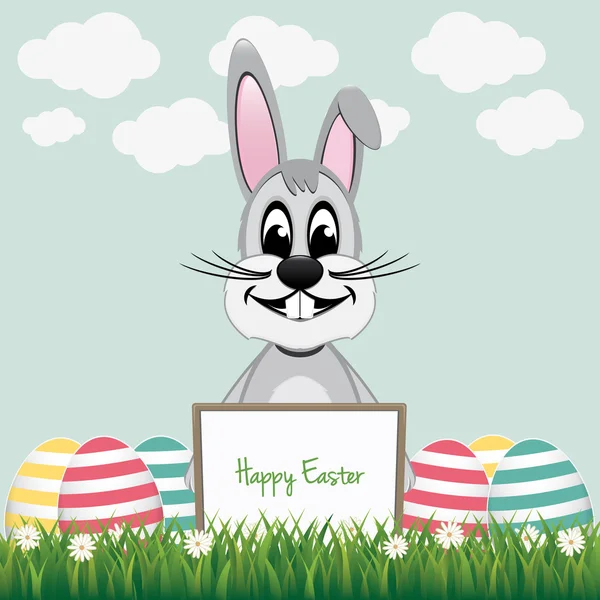 Gray bunny behind board colorful eggs — Stock Vector