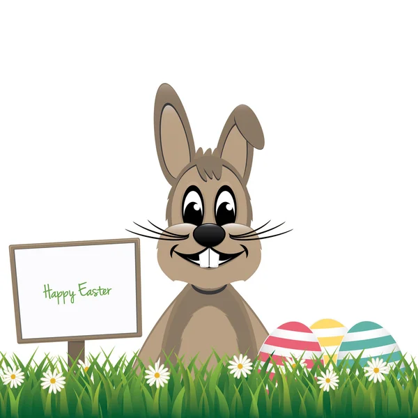Brązowy królik szczęśliwy znak pokładzie jaja kolorowy na białym tle — Wektor stockowy