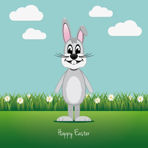 Gray bunny on green meadow daisy happy easter — Stock Vector