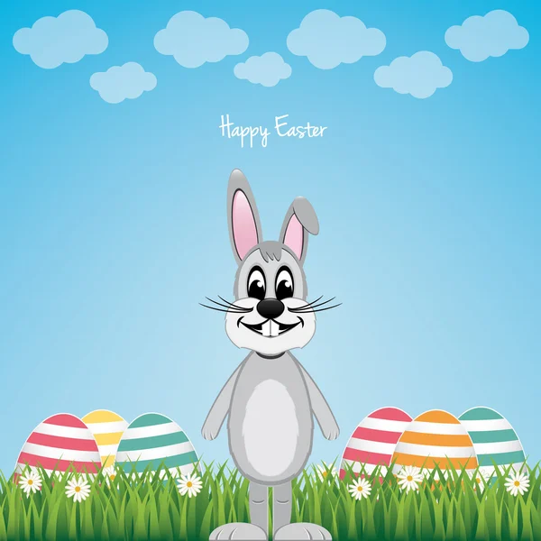 Happy gray bunny colorful eggs daisy meadow — Stock Vector