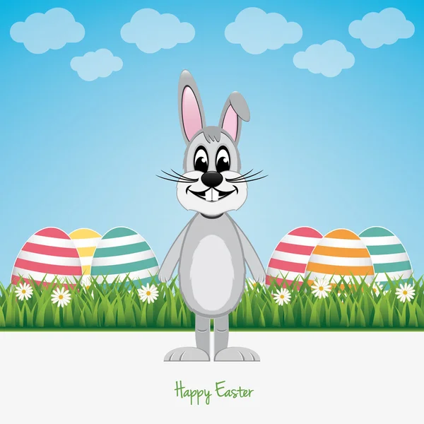 Gray bunny green field happy easter — Stock Vector