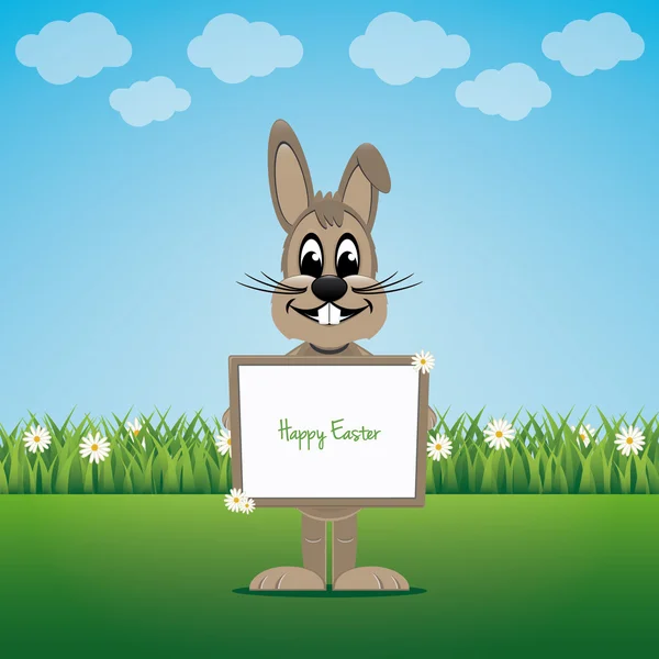 Tavşan tutmak işaret daisy çimenlikte mutlu Paskalya — Stok Vektör