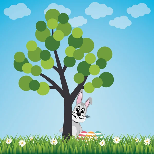 Conejito detrás de paisaje de primavera libre — Vector de stock