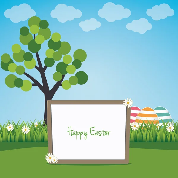 Feliz cartel de Pascua en el paisaje de primavera — Archivo Imágenes Vectoriales