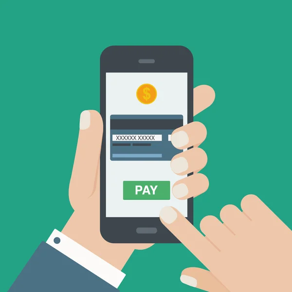 Pagamento móvel cartão de crédito mão segurando telefone plano — Vetor de Stock