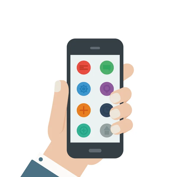 Platte app telefoon houdt in de hand geïsoleerde achtergrond — Stockvector