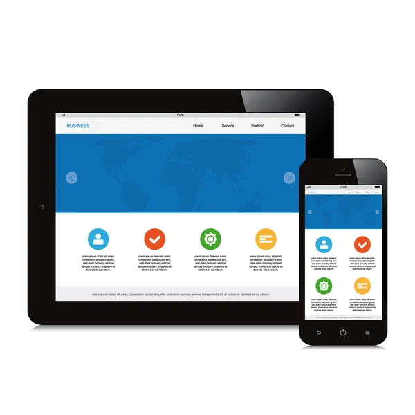Tablette et téléphone webdesign sensible sur fond blanc — Image vectorielle