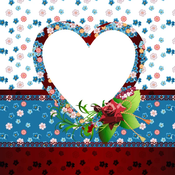 Картка з серцем і червоною трояндою — стоковий вектор