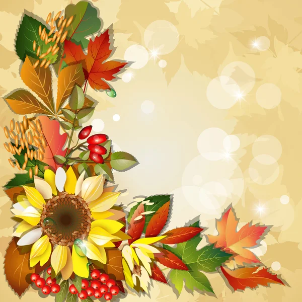 Fondo de otoño con girasol y hojas coloridas Vector de stock