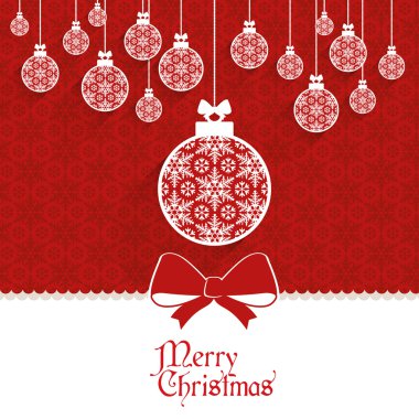 Noel topları şerit yay ile kırmızı ve beyaz arka plan üzerinde asılı