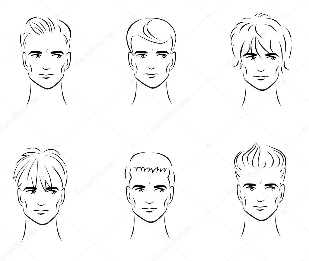 Illustration of the six options for men's hairstyles from the front.