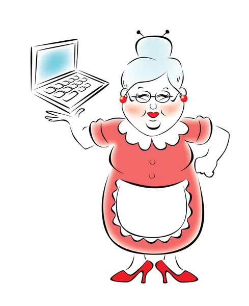 Иллюстрация пожилой женщины с ноутбуком . — стоковый вектор