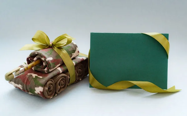 Handmade Tanks Socks Gift Men Military Holiday February Greeting Card — Stock Photo, Image