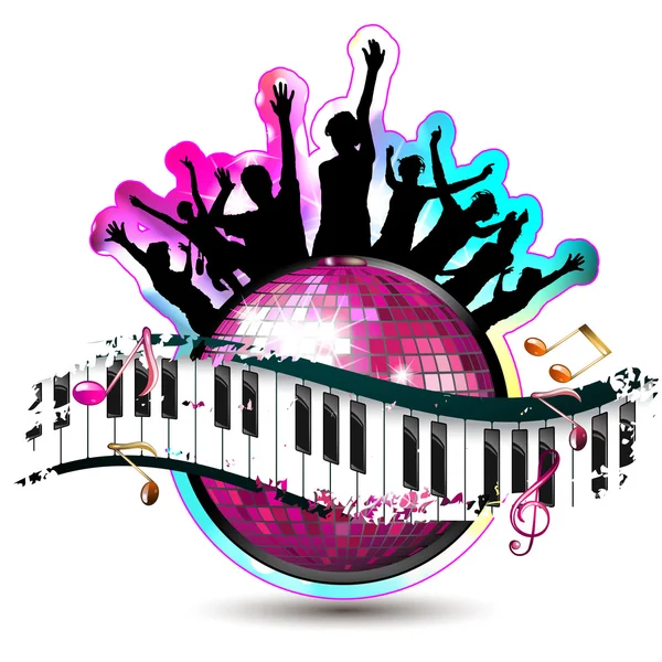 Piano keys with dancing silhouettes — Stock Vector