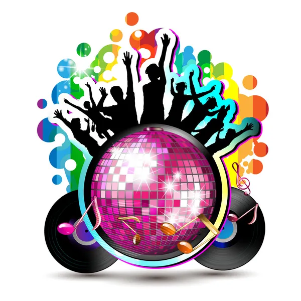 Dancing silhouettes with disco ball — Stock Vector