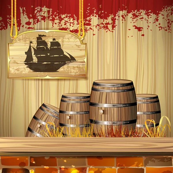 Nave pirata su banner in legno — Vettoriale Stock