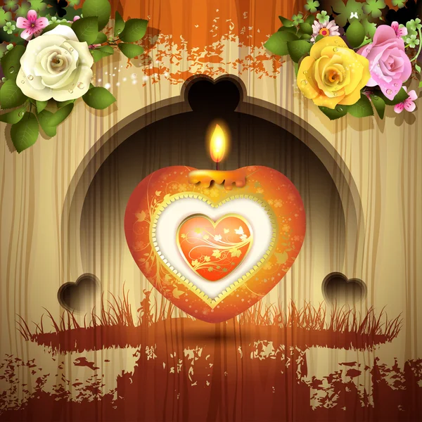 Red heart with candle and roses — Stock Vector
