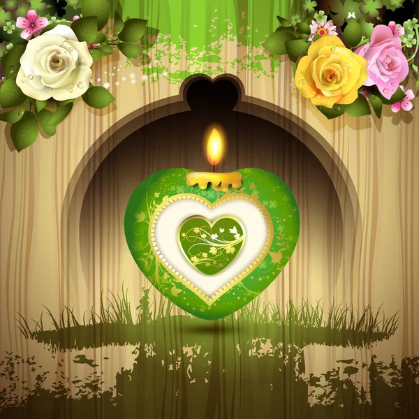 Cuore verde con candela — Vettoriale Stock