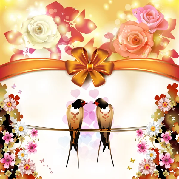 Dos golondrinas con flores — Vector de stock