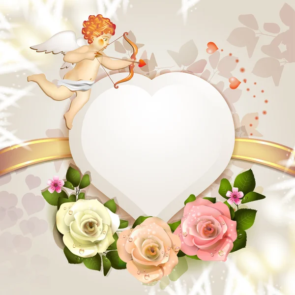 Valentinstag-Karte mit Rosen, Herzen und Amor — Stockvektor