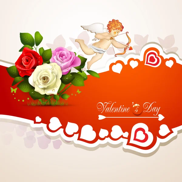 Valentine's day card with roses, hearts and cupid — Stock Vector