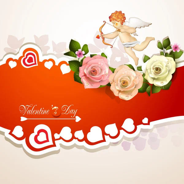 玫瑰、 心与丘比特的情人节贺卡 — 图库矢量图片