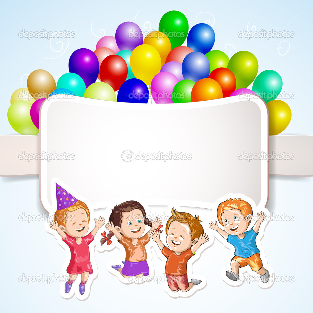 Kids with balloons over banner
