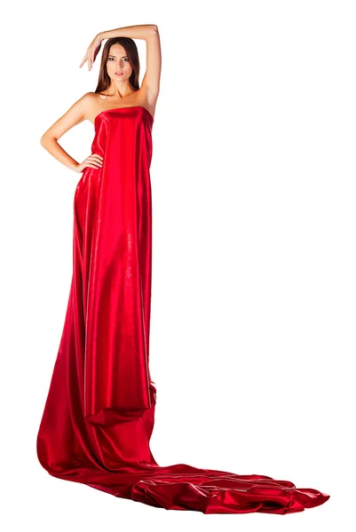 Vrouw in rode jurk met linkerhand op de had — Stockfoto