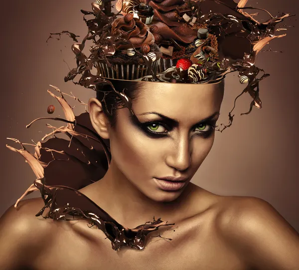 Woman with chocolate in head and splash — Stock Photo, Image