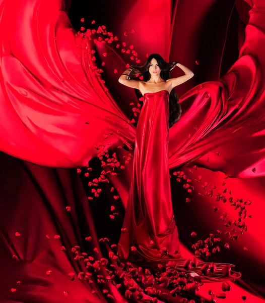 Goddess of love in red dress and hearts — Stock Photo, Image