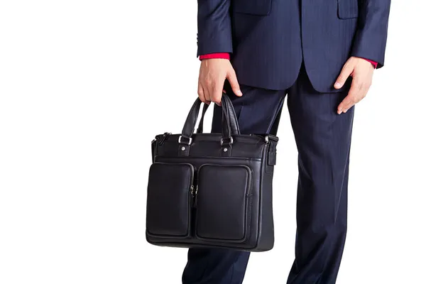 Nahaufnahme Porträt eines hübschen jungen Geschäftsmannes mit Tasche isoliert auf weißem Hintergrund — Stockfoto
