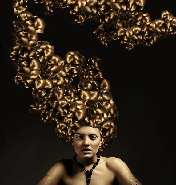 Beautiful woman with gold curly hairstyle — Stock Photo, Image