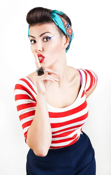 Pinup woman says quiet — Stock Photo, Image