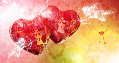Kırmızı kalpler Cupids tarafından saldırıya uçan Saint Valentine's Day
