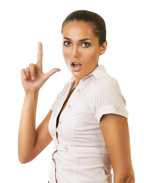 Funny businesswoman showing gun gesture — Stock Photo, Image