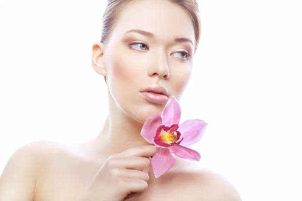 Young cute with pink flower — Stock Photo, Image