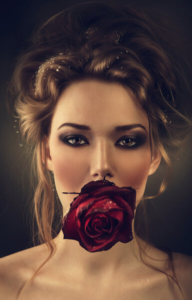 Young beautiful woman and red rose in mouth on white background