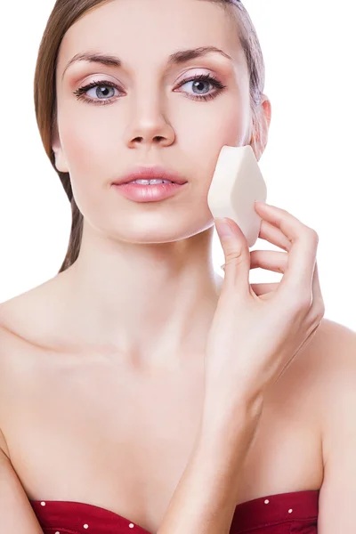 Beautiful woman with powder puff — Stock Photo, Image