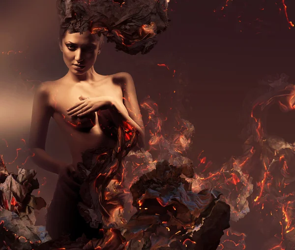 Sexy erotic nude woman in burning ashes — Stock Photo, Image