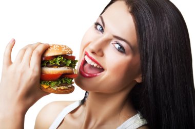 Hamburger yeme mutlu sevimli kadın