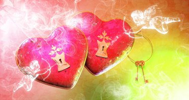 Cupids tarafından saldırıya pembe kalpler uçan Saint Valentine's Day
