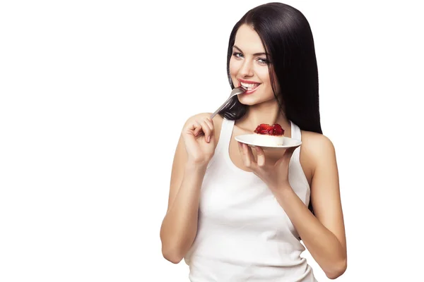 Chica feliz con pastel y cuchara — Foto de Stock