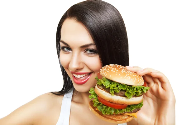 Hamburger ile kız — Stok fotoğraf