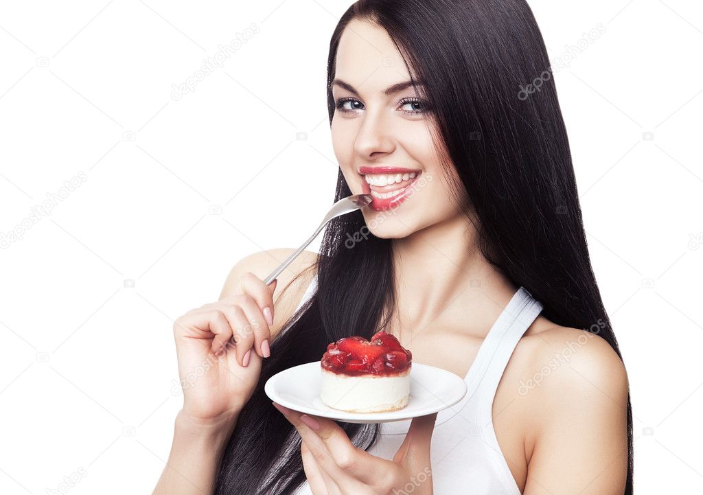 hungry happy girl with cake