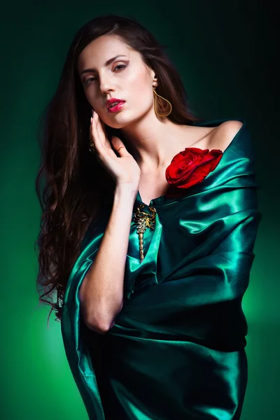 Retrato de arte de uma mulher bonita em vestido verde whith subiu — Fotografia de Stock