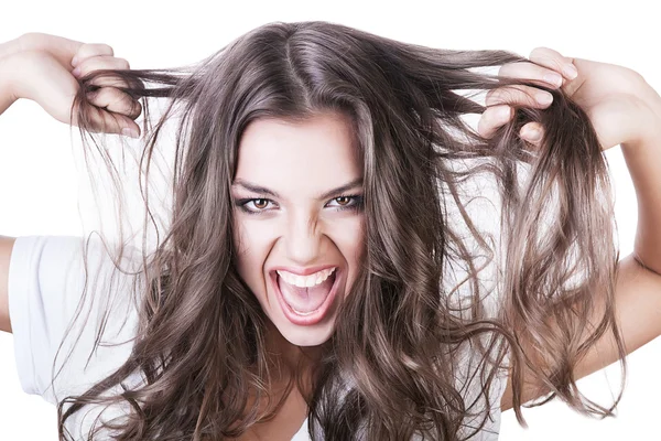 Verrückte sexy Frau mit langen Haaren — Stockfoto
